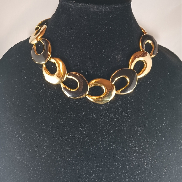 Vintage Jewelry - Vintage Gold Tone Black Enamel Choker Women's Statement Necklace